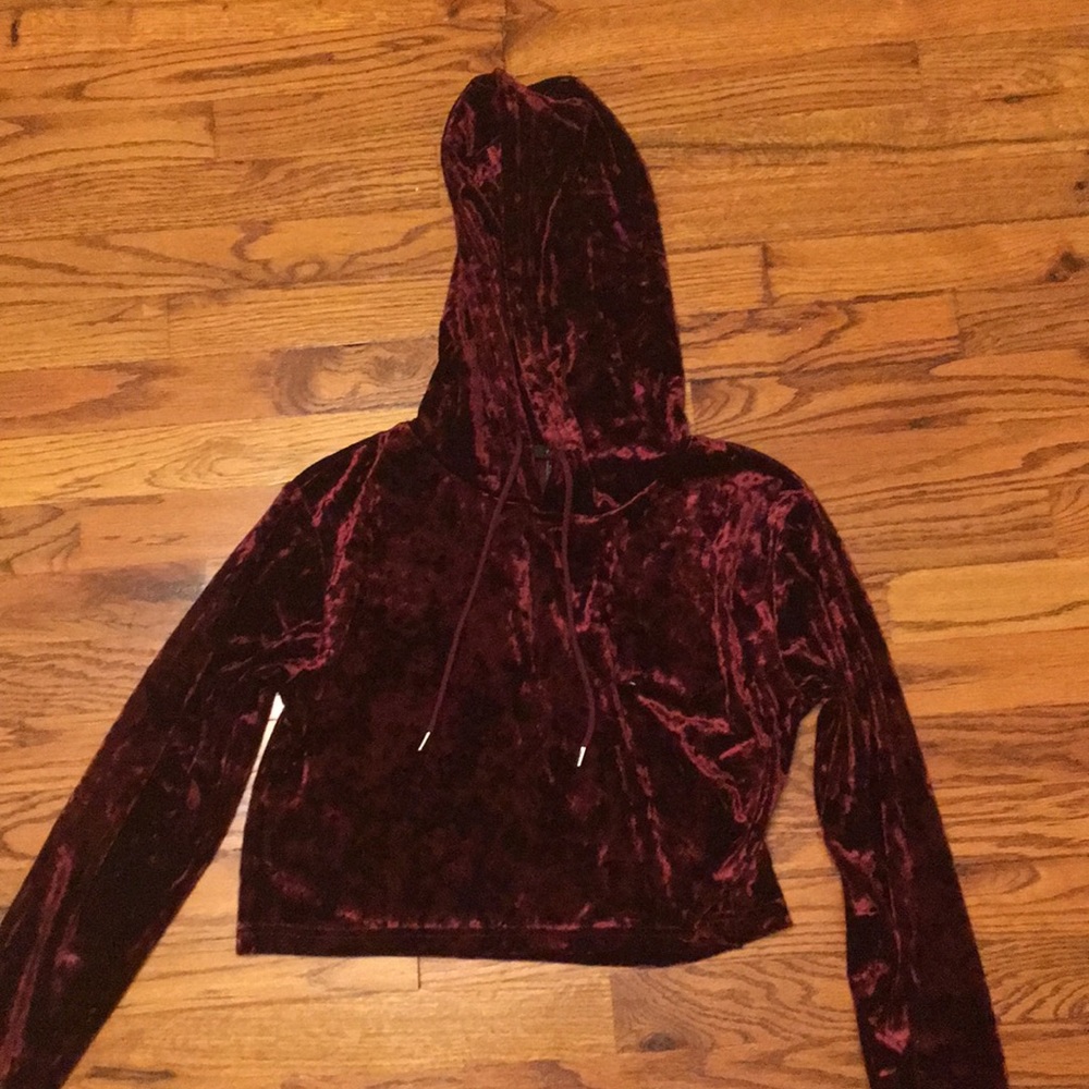 Maroon velvet cropped hoodie